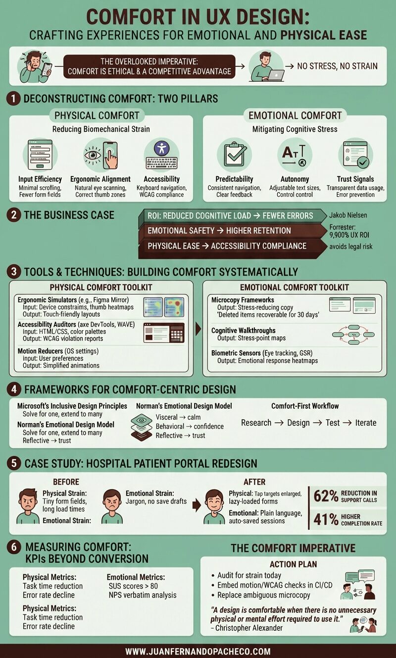 A detailed infographic titled "Comfort in UX Design" with a green background, broken into six main sections: Deconstructing Comfort, The Business Case, Tools & Techniques, Frameworks, a Case Study, and Measuring Comfort. It uses icons, charts, and text to explain how to design for physical and emotional ease, citing principles from Nielsen, Forrester, Microsoft, and Don Norman.