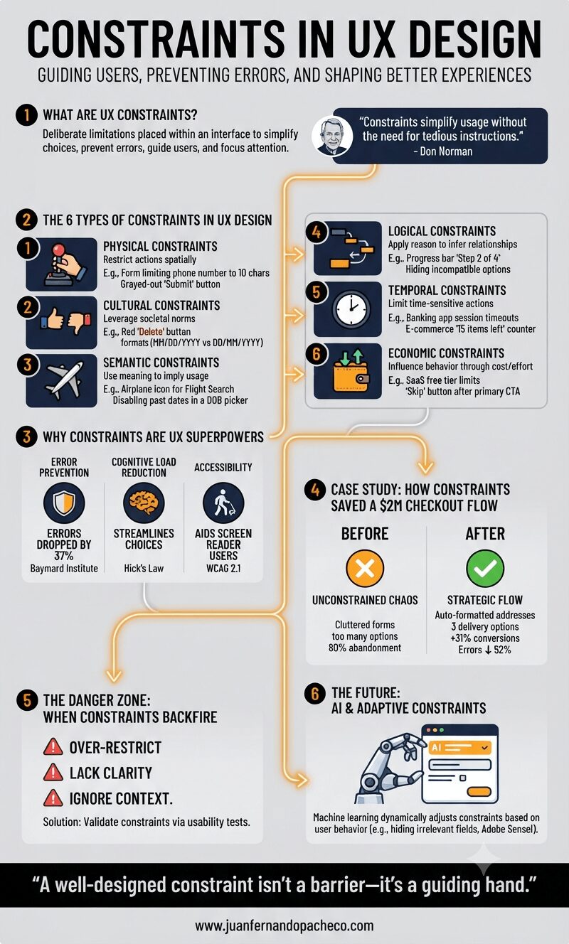 A detailed infographic titled 'Constraints in UX Design' against a light gray background. It details six types of UX constraints (physical, cultural, semantic, logical, temporal, economic) with examples and icons, followed by sections on their benefits (error prevention, cognitive load reduction, accessibility), a case study of a successful checkout flow, common pitfalls, and the future of AI-driven adaptive constraints.