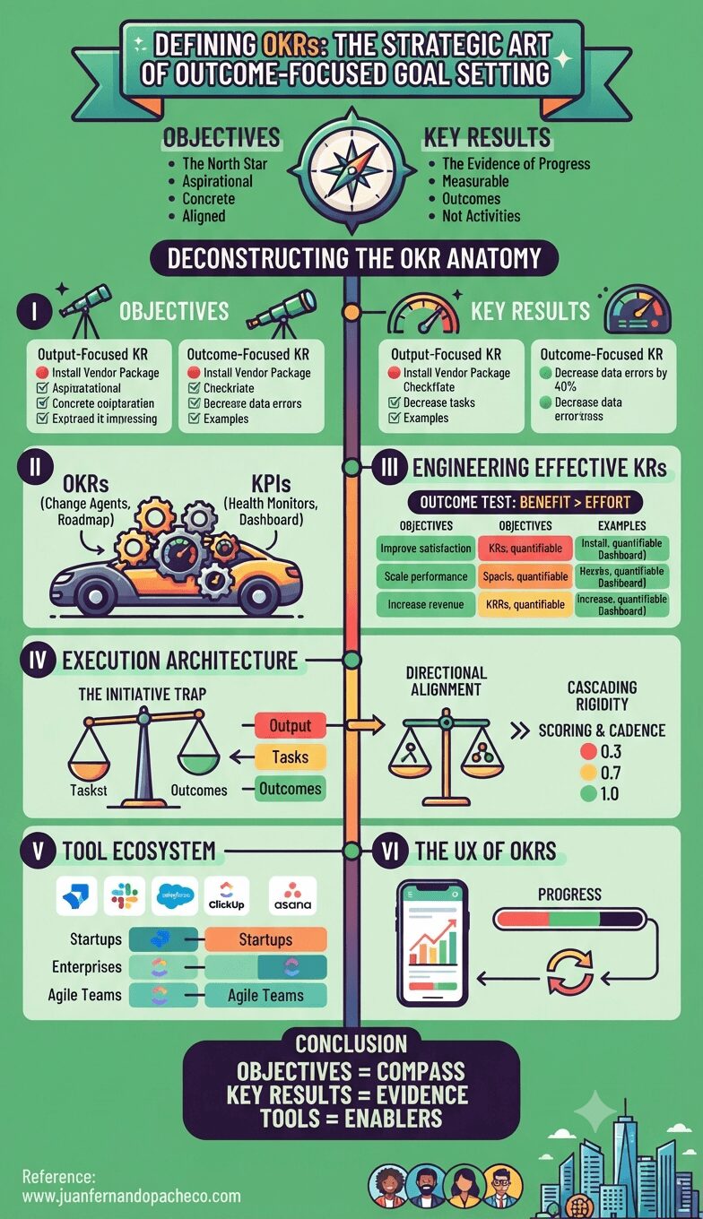 A comprehensive vertical infographic on a green background titled "Defining OKRs: The Strategic Art of Outcome-Focused Goal Setting." The image is structured as a central timeline breaking down OKRs into six sections: Anatomy, KPIs vs. OKRs, Engineering Effective KRs, Execution Architecture, Tool Ecosystem, and UX, concluding with a summary and reference.