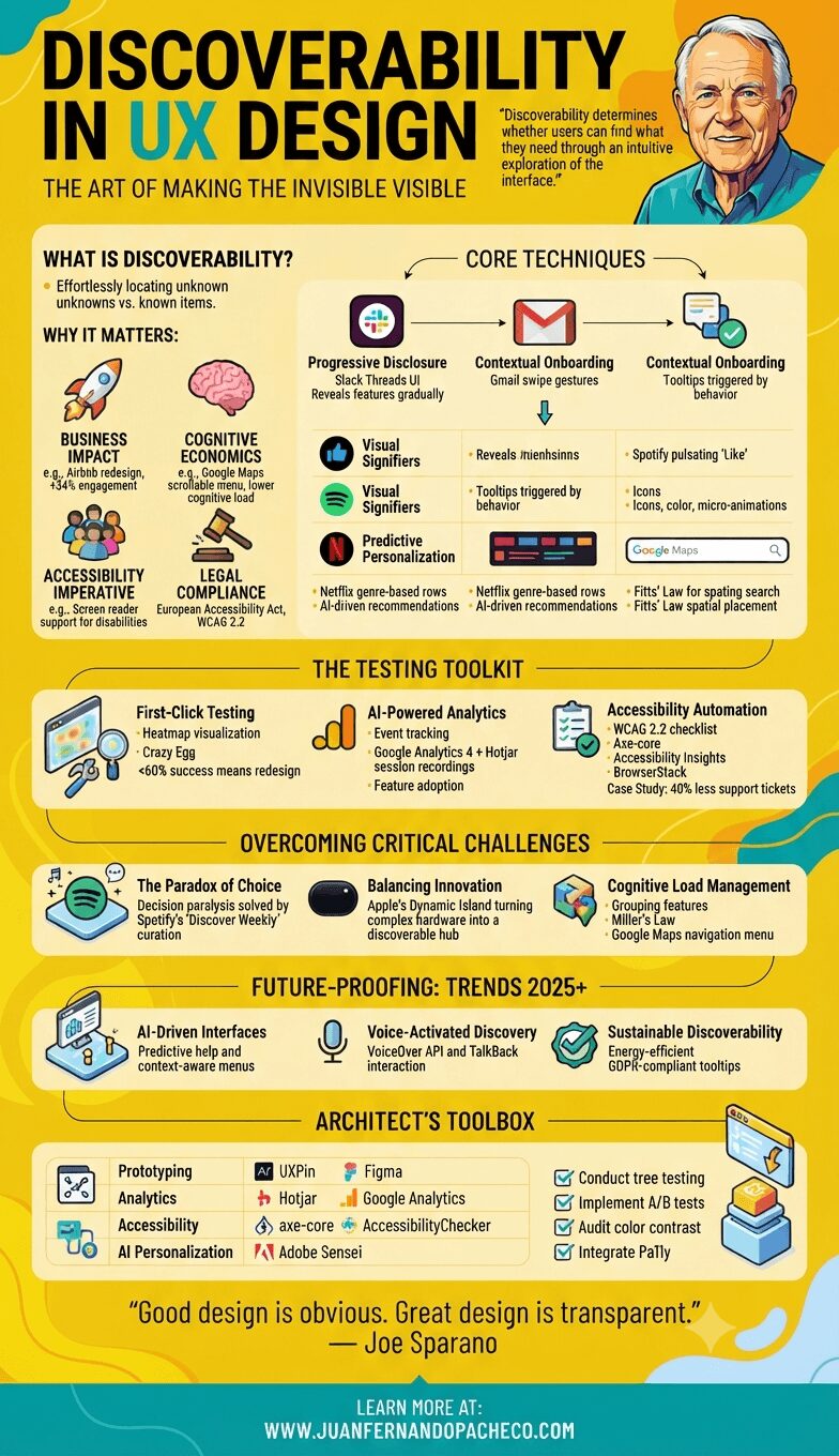 A comprehensive vertical infographic titled "Discoverability in UX Design" with a vibrant yellow background, featuring sections defining the concept, its importance, techniques, testing methods, challenges, future trends, and tools, alongside a portrait of Don Norman and the URL www.juanfernandopacheco.com.