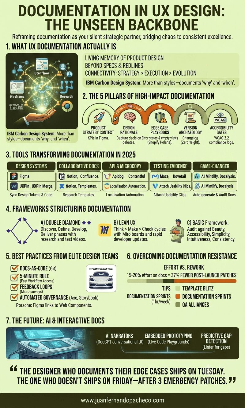 An infographic titled "Documentation in UX Design: The Unseen Backbone" is presented in a vertical format against a light-yellow background. It is structured into seven numbered sections that detail the components, pillars, tools, frameworks, best practices, overcoming resistance, and future of UX documentation, using a color palette of greens, orange, and white.