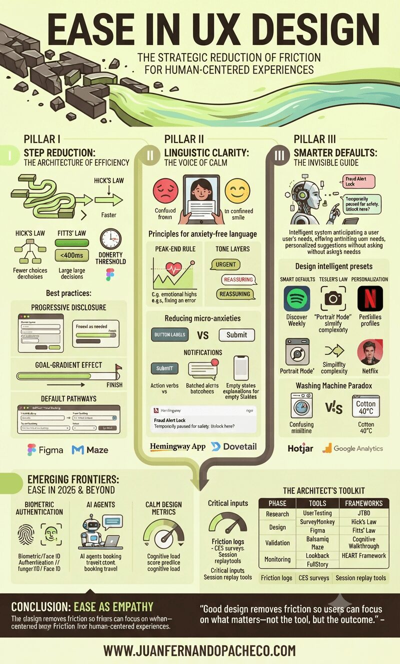 An infographic titled "EASE IN UX DESIGN" with the subtitle "THE STRATEGIC REDUCTION OF FRICTION FOR HUMAN-CENTERED EXPERIENCES." The visual is split into three main columns representing pillars: I. Step Reduction, II. Linguistic Clarity, and III. Smarter Defaults, with a final section on "Emerging Frontiers." It features charts, illustrations of digital interfaces, and icons explaining UX laws (Hick's, Fitts', Doherty), best practices (Progressive Disclosure, Goal-Gradient), and tools (Figma, Maze, Hemingway App). The overall aesthetic uses greens, browns, and yellows, incorporating illustrative elements like a broken path becoming a smooth river. The footer prominently displays "WWW.JUANFERNANDOPACHECO.COM".