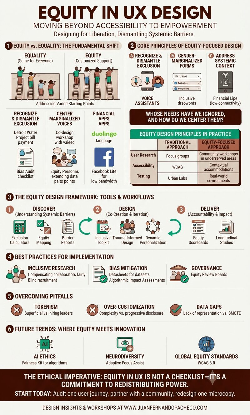 A comprehensive vertical infographic titled "Equity in UX Design," with a background in a light cream color (#f7f9f9) and accented with teal, beige, terra cotta, and dark brown. The graphic is structured into six main sections detailing the shift from equality to equity, core principles, a three-stage framework, best practices, pitfalls, and future trends. It includes comparative tables, illustrative diagrams, and specific examples like the Detroit Water Project and Xbox Adaptive Controller. The footer includes the URL www.juanfernandopacheco.com.