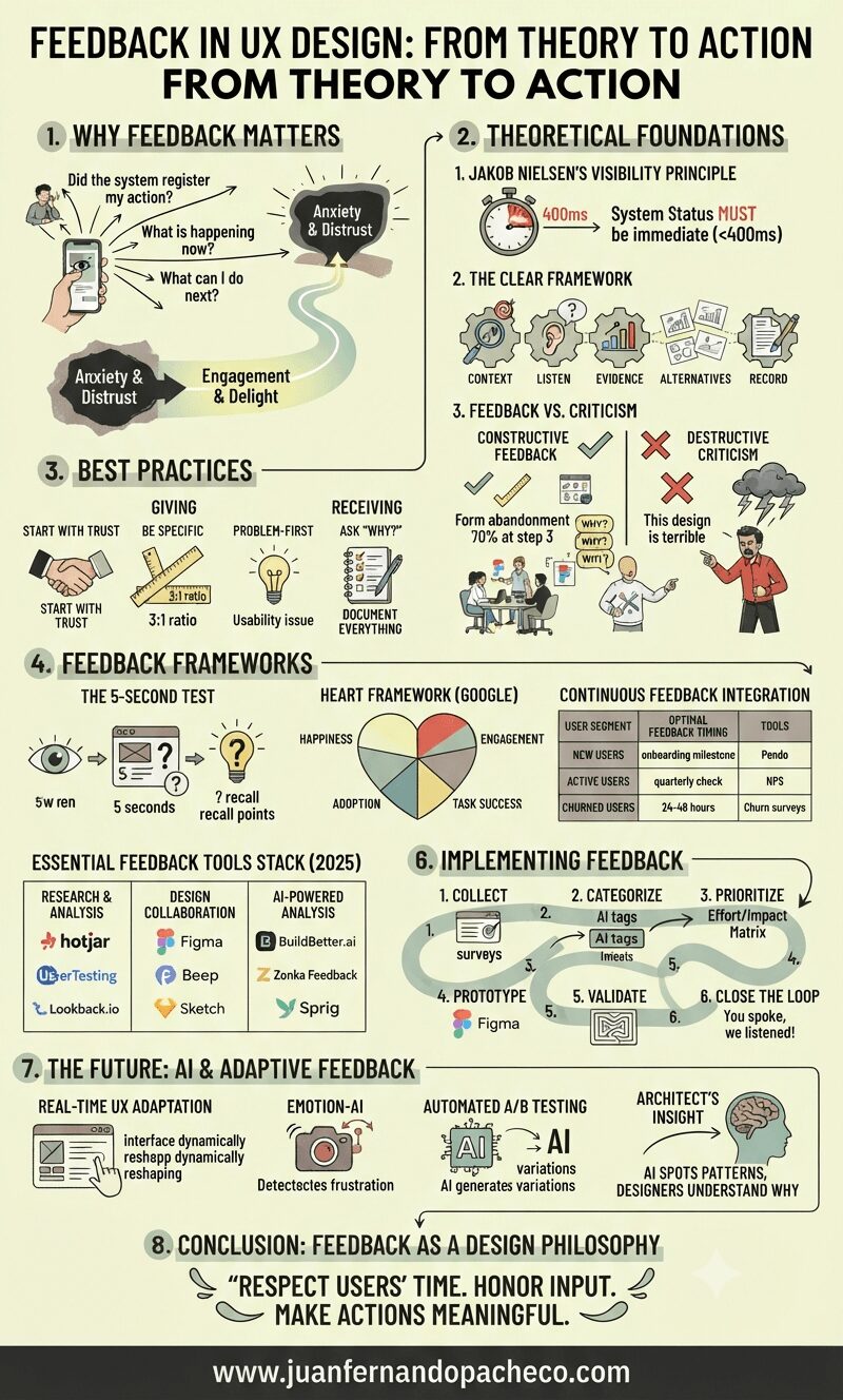 An infographic titled "Feedback in UX Design: From Theory to Action" that illustrates key concepts, frameworks, best practices, and tools for implementing effective user feedback. It covers topics from Jakob Nielsen's Visibility Principle to the future of AI-driven adaptive systems.
