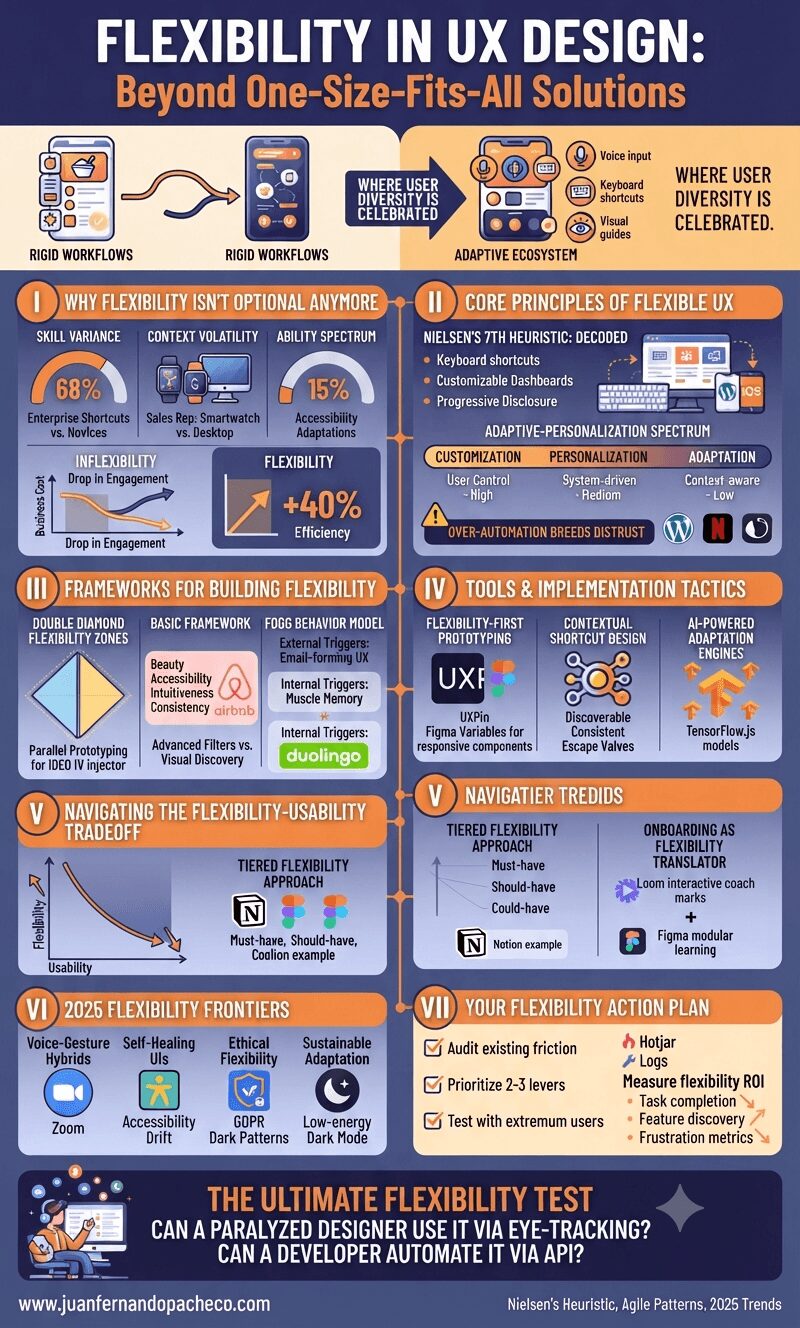 An infographic titled "FLEXIBILITY IN UX DESIGN: Beyond One-Size-Fits-All Solutions" structured into seven sections detailing the necessity, principles, frameworks, tools, and frontiers of adaptive user experience design.