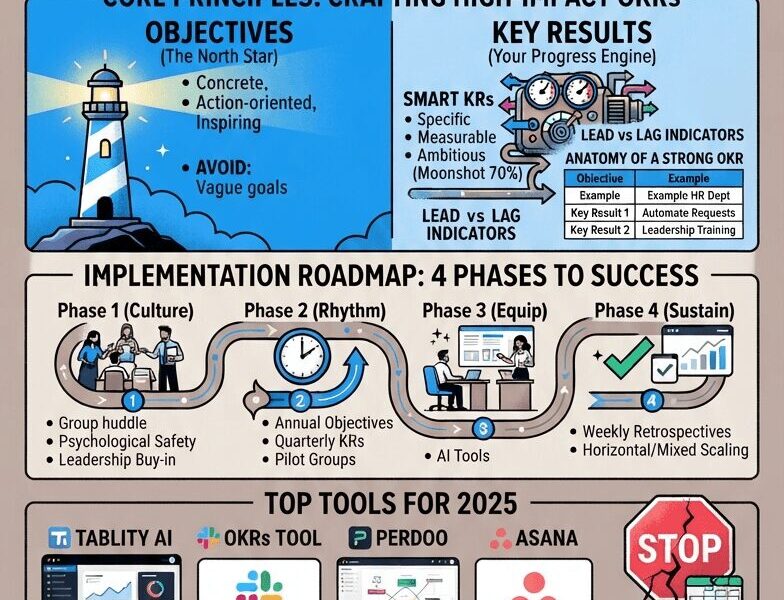A vertical infographic titled "Getting Started with OKRs" featuring a rocket ship, a lighthouse, and a roadmap. The infographic details the core principles, a four-phase implementation roadmap, top tools for 2025, and common pitfalls of the Objectives and Key Results framework.