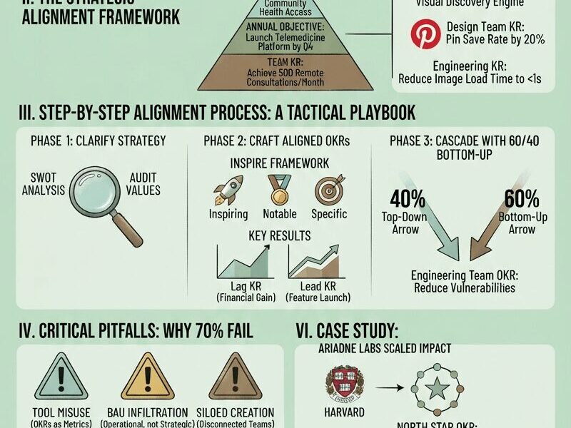 An infographic titled "Aligning OKRs to Business Strategy: The Architect’s Blueprint for Execution Excellence" in a vertical format, featuring a light green background and organized into six main sections. Section I contrasts "Why Alignment Fails" (siloed priorities, vagueness, static planning) with "How OKRs Fix It." Section II shows an "OKR Pyramid" cascading from vision to team KRs, and "North Star OKRs" for Pinterest. Section III is a "Tactical Playbook" with three phases: Clarify Strategy, Craft Aligned OKRs (INSPIRE framework, lead/lag indicators), and Cascade with 60/40 Bottom-Up input. Section IV lists "Critical Pitfalls: Why 70% Fail" (Tool Misuse, BAU Infiltration, Siloed Creation). Section V recommends a "Toolstack" of software including Quantive, Asana, and Lattice. Section VI details a "Case Study" of Ariadne Labs. The bottom features a quote by Dan Montgomery and the URL www.juanfernandopacheco.com.