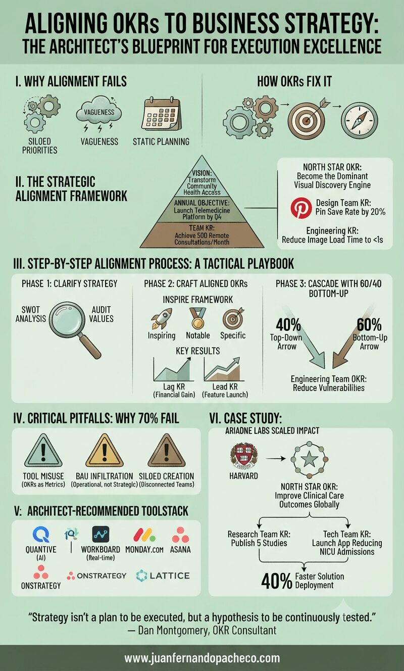 An infographic titled "Aligning OKRs to Business Strategy: The Architect’s Blueprint for Execution Excellence" in a vertical format, featuring a light green background and organized into six main sections. Section I contrasts "Why Alignment Fails" (siloed priorities, vagueness, static planning) with "How OKRs Fix It." Section II shows an "OKR Pyramid" cascading from vision to team KRs, and "North Star OKRs" for Pinterest. Section III is a "Tactical Playbook" with three phases: Clarify Strategy, Craft Aligned OKRs (INSPIRE framework, lead/lag indicators), and Cascade with 60/40 Bottom-Up input. Section IV lists "Critical Pitfalls: Why 70% Fail" (Tool Misuse, BAU Infiltration, Siloed Creation). Section V recommends a "Toolstack" of software including Quantive, Asana, and Lattice. Section VI details a "Case Study" of Ariadne Labs. The bottom features a quote by Dan Montgomery and the URL www.juanfernandopacheco.com.