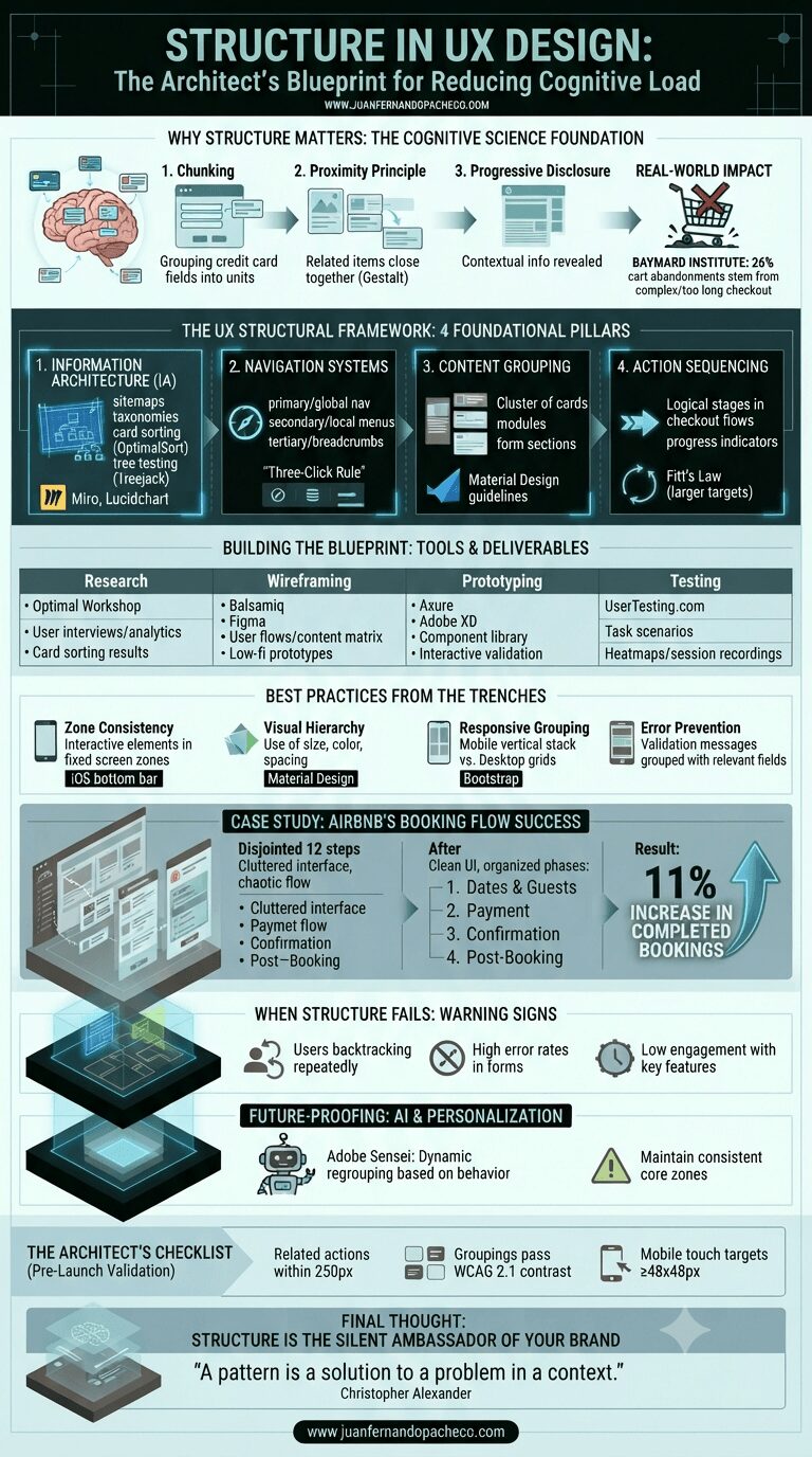 An infographic titled "Structure in UX Design: The Architect’s Blueprint for Reducing Cognitive Load" presented in a clean, professional style with a teal and light mint background. The graphic is organized into several sections: Why Structure Matters (Cognitive Science), The 4 Foundational Pillars (IA, Navigation, Content Grouping, Action Sequencing), Tools & Deliverables, Best Practices, an Airbnb Case Study, Warning Signs of Failure, Future-Proofing with AI, and an Architect’s Checklist. Icons, charts, and diagrams illustrate concepts like chunking, proximity, and responsive grouping.