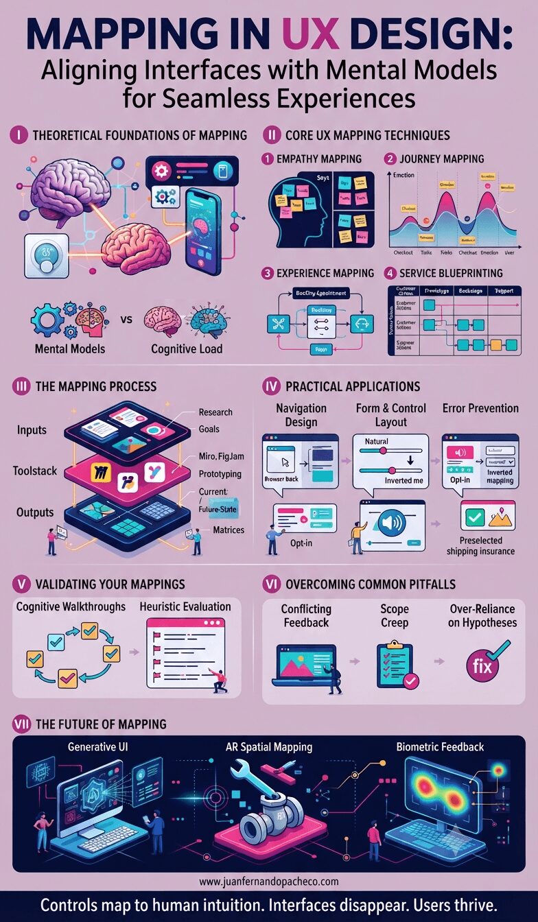 A comprehensive infographic titled 'Mapping in UX Design: Aligning Interfaces with Mental Models for Seamless Experiences' is divided into seven sections. Section I covers Theoretical Foundations (Mental Models, Cognitive Load). Section II details Core Techniques (Empathy, Journey, Experience Mapping, Service Blueprinting). Section III outlines the Process (Inputs, Toolstack, Outputs). Section IV shows Practical Applications (Navigation, Forms, Error Prevention). Section V explains Validation (Walkthroughs, Heuristics). Section VI addresses Pitfalls, and Section VII explores the Future (Generative UI, AR, Biometrics). The footer includes www.juanfernandopacheco.com and the tagline 'Controls map to human intuition. Interfaces disappear. Users thrive.'