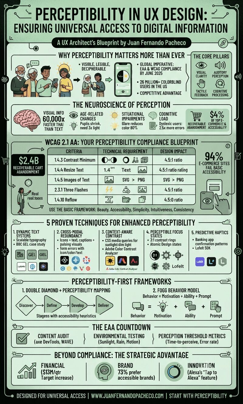 A comprehensive infographic titled "Perceptibility in UX Design: Ensuring Universal Access to Digital Information" presented in a vertical, segmented layout using a sage green and dark teal color palette. It covers sections on why perceptibility matters, neuroscience, WCAG 2.1 AA compliance, five design techniques, frameworks, the EAA countdown, and strategic advantages, ending with the URL www.juanfernandopacheco.com.