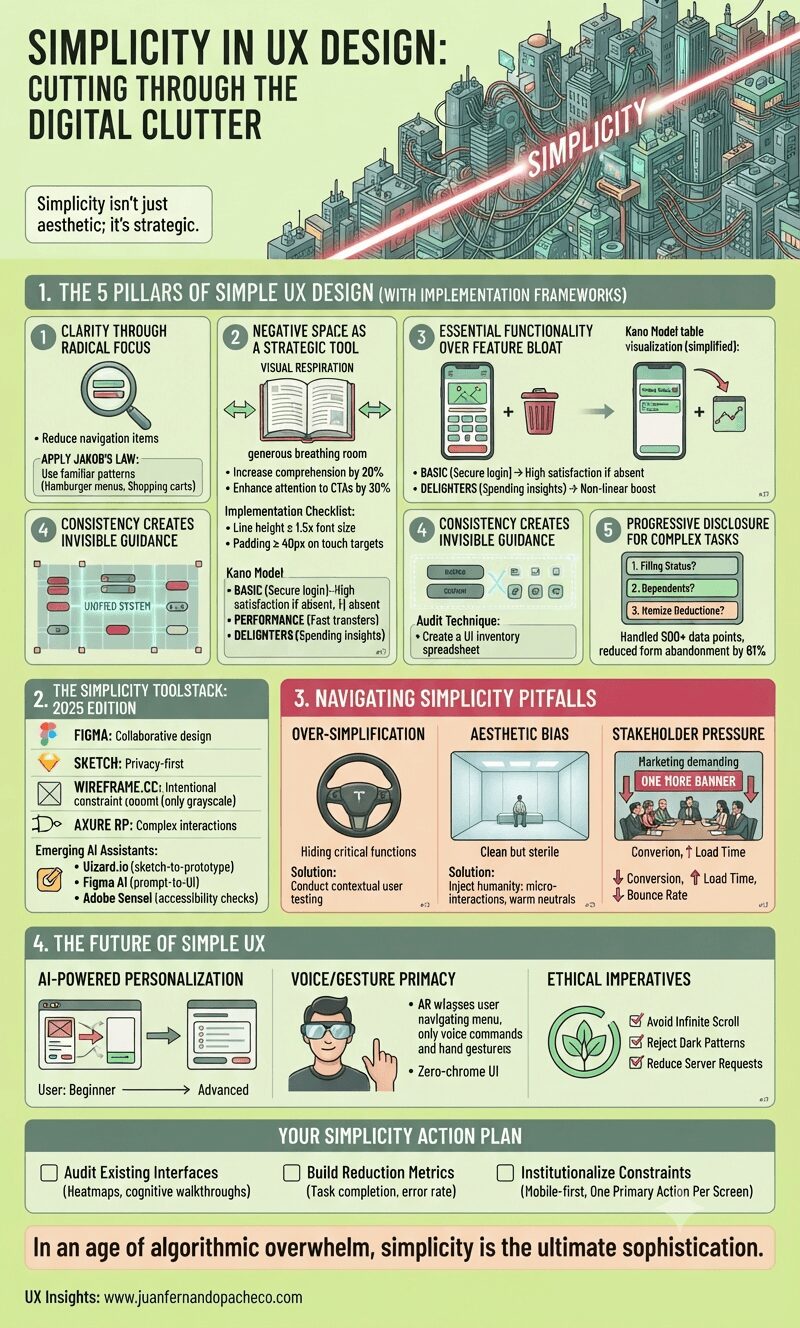 An infographic titled "Simplicity in UX Design" illustrating a five-pillar framework, toolstack, pitfalls, and future trends for creating minimalist user experiences, referencing juanfernandopacheco.com.