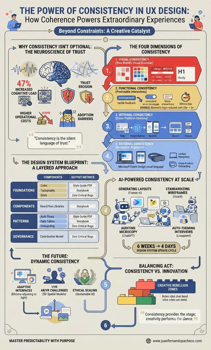 A detailed vertical infographic titled "The Power of Consistency in UX Design" on a light beige background, broken into sections with charts, icons, and text illustrating why consistency matters. Key sections include neuroscience of trust, four dimensions of consistency (visual, functional, internal, external), design system layers, AI tools, future trends like AR/VR, and a final section on balancing consistency with innovation, featuring a LEGO metaphor and a URL for www.juanfernandopacheco.com at the bottom.
