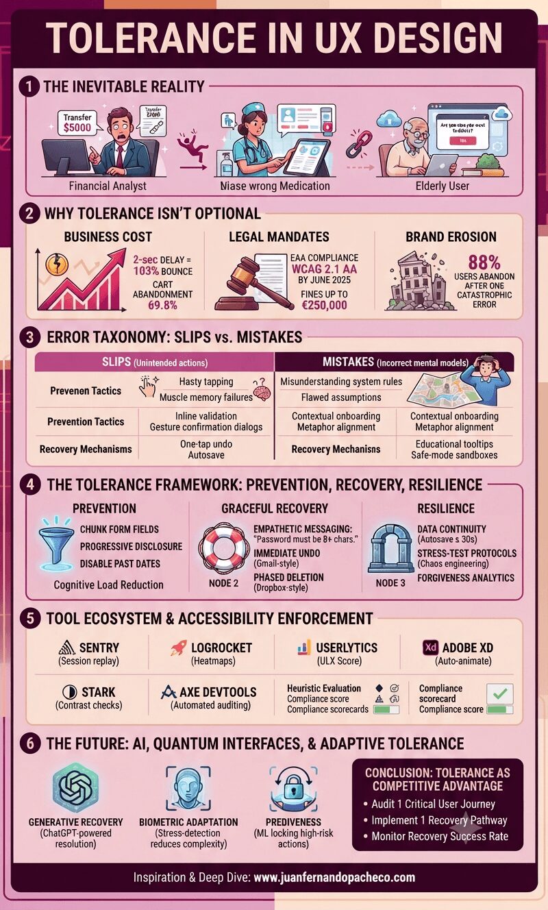 An infographic titled "Tolerance in UX Design" is organized into six sections detailing the inevitability of user error, business and ethical costs, error taxonomy, the prevention-recovery-resilience framework, relevant tool ecosystems, and future technologies. It features illustrations of common user mistakes, statistical graphs, comparison tables, and actionable takeaways, all set against a color palette of dark purples, magentas, and soft peaches, referencing www.juanfernandopacheco.com.