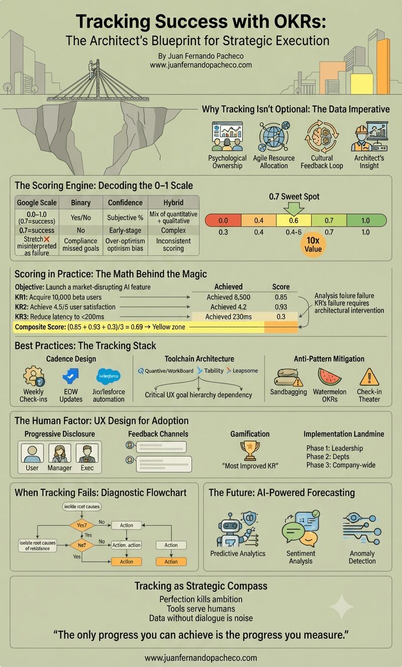 An infographic titled "Tracking Success with OKRs: The Architect’s Blueprint for Strategic Execution" by Juan Fernando Pacheco. The image presents a comprehensive guide to OKRs, covering the importance of tracking, scoring methodologies (including the 0.7 sweet spot), practical math examples, a best practices toolkit for cadence and tools, user experience considerations for adoption, a diagnostic flowchart for failures, and the future of AI-powered forecasting. It uses illustrations, comparison tables, and clear data visualizations against a sage-green background with a bridge metaphor at the top.