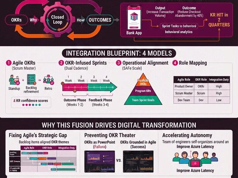 A vertical infographic titled "How OKRs and Agile Development Create Strategic Synergy" on a dark background. It details the fusion of Agile execution power and OKR strategic compass through a closed-loop cycle, leading to a fintech transformation. It presents four integration models: Agile OKRs, OKR-Infused Sprints, Operational Alignment (SAFe), and Role Mapping. It also covers why the fusion drives digital transformation, a toolkit for implementation (crafting rules, cadence, tool stacks), and the future of AI-enhanced integration.