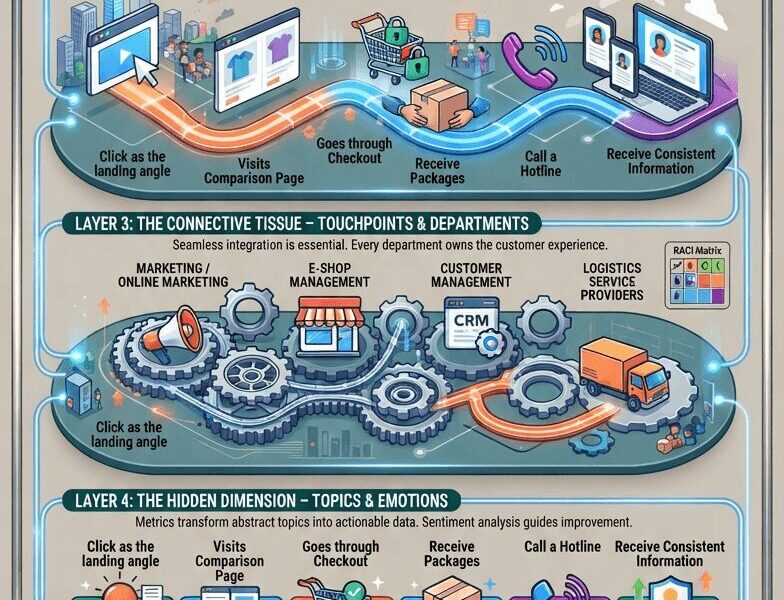 An infographic titled "Deconstructing the Customer Journey: A Strategic Layered Framework for Digital Success." It presents a four-layer model showing how different departments (Marketing, E-Shop, Customer Management, Logistics) and their respective touchpoints (Ads, Website, Hotline, Delivery) interact across the five customer journey stages (Awareness, Consideration, Acquisition, Service, Loyalty). The bottom section details how these interactions generate specific topics, KPIs (like Cart Abandonment Rate and First Contact Resolution), and emotions, leading to concrete ROI. References to "www.juanfernandopacheco.com" and "Bright Vessel" are visible at the bottom.