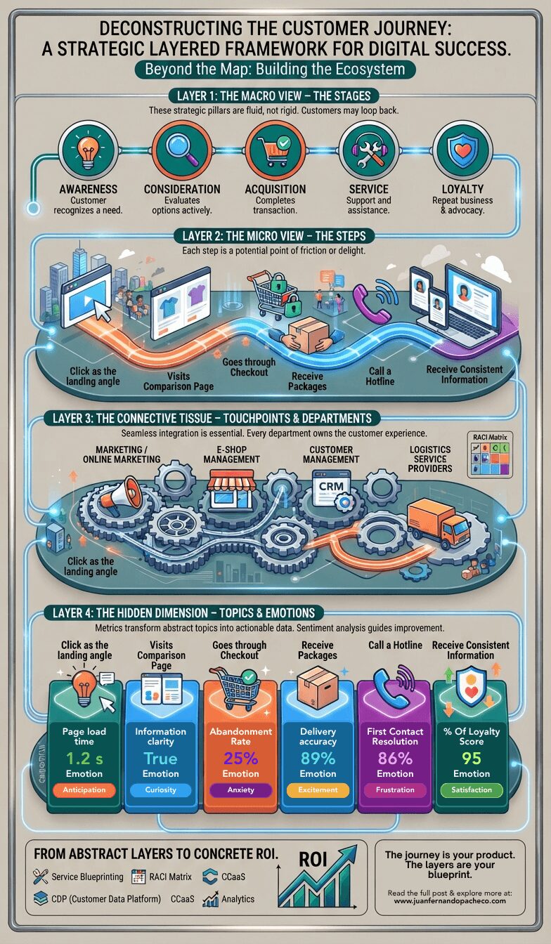 An infographic titled "Deconstructing the Customer Journey: A Strategic Layered Framework for Digital Success." It presents a four-layer model showing how different departments (Marketing, E-Shop, Customer Management, Logistics) and their respective touchpoints (Ads, Website, Hotline, Delivery) interact across the five customer journey stages (Awareness, Consideration, Acquisition, Service, Loyalty). The bottom section details how these interactions generate specific topics, KPIs (like Cart Abandonment Rate and First Contact Resolution), and emotions, leading to concrete ROI. References to "www.juanfernandopacheco.com" and "Bright Vessel" are visible at the bottom.