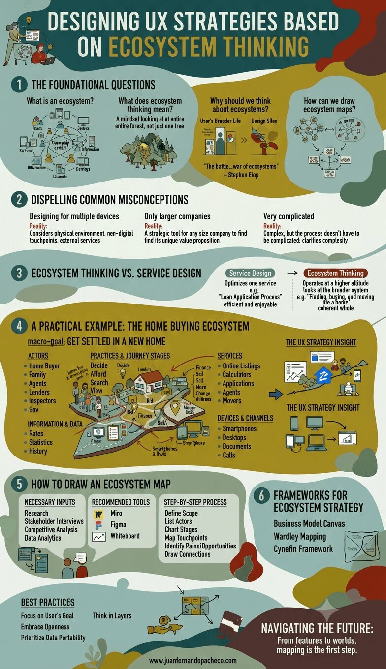 An educational infographic with a modern, illustrated aesthetic, structured into six sections with a teal and earth-tone color palette. It defines ecosystem thinking in UX design, dispels misconceptions, compares it to service design, provides a detailed home-buying example, outlines how to draw maps, lists strategic frameworks, and includes best practices and the website www.juanfernandopacheco.com.