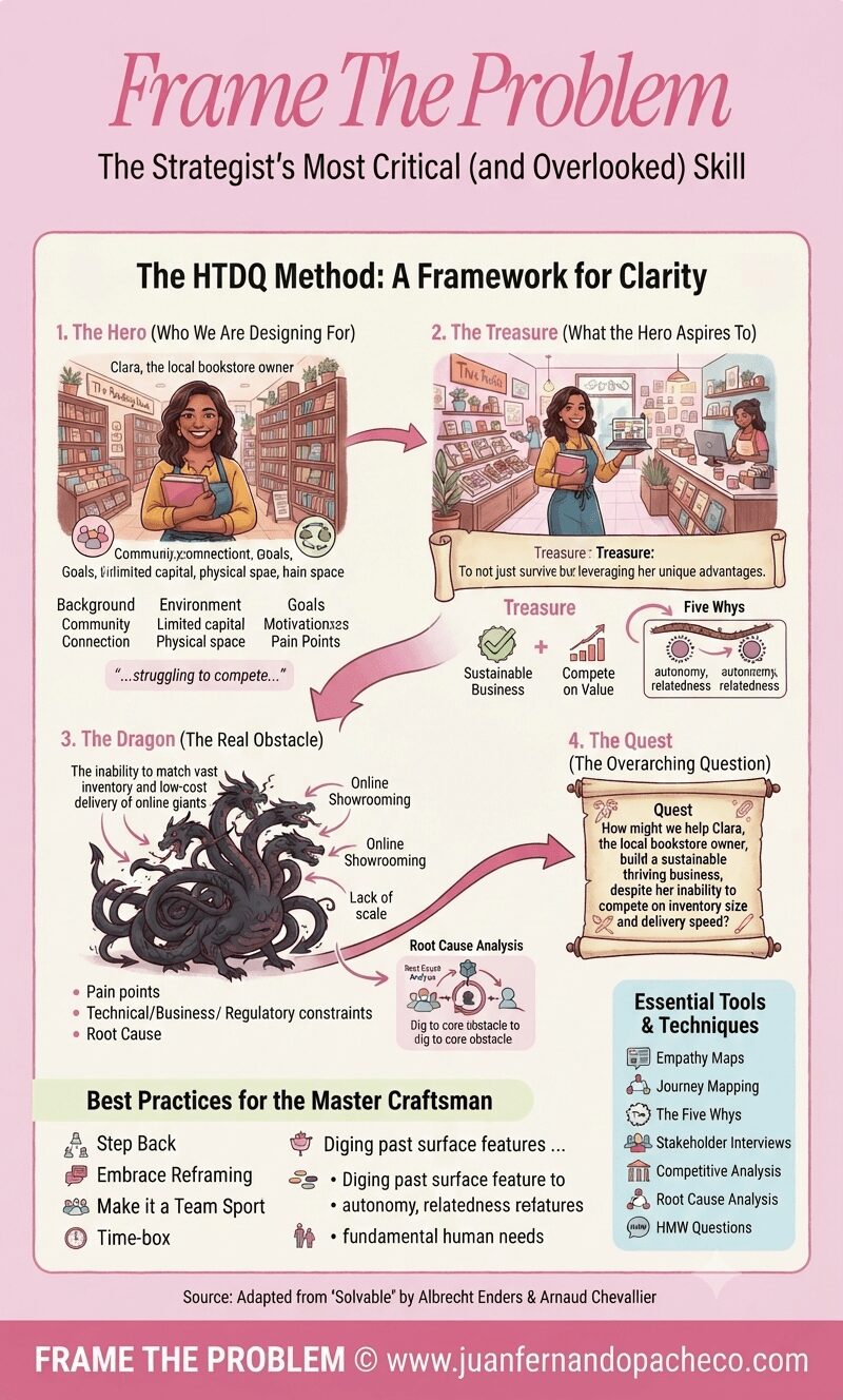 An infographic titled "Frame The Problem" illustrating the HTDQ storytelling method for strategic clarity. It uses the example of Clara, a local bookstore owner (Hero), who needs a sustainable business (Treasure) despite competition from online giants (Dragon), leading to the Quest question: "How might we help Clara...build a sustainable thriving business, despite her inability to compete on inventory size and delivery speed?" The infographic includes sections for best practices and essential tools, with attribution to www.juanfernandopacheco.com.