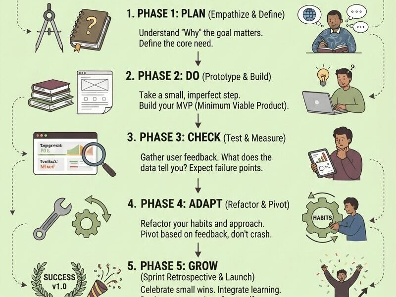 Infographic titled "Embrace the Journey" contrasting a "Waterfall Model (Brittle)"—shown as a straight, fragile glass ladder—with an "Agile Model (Resilient)"—shown as a flexible, woven rope ladder. Below, a five-phase "Personal Development Lifecycle (P.D.L.)" is outlined with illustrations and text: 1. Plan (Empathize & Define), 2. Do (Prototype & Build), 3. Check (Test & Measure), 4. Adapt (Refactor & Pivot), 5. Grow (Sprint Retrospective & Launch), culminating in "Success v1.0." The bottom section, "Your Journey-Centric Toolkit," details Design Thinking, Build-Measure-Learn Loop, Personal Retrospective, and Balanced Scorecard. The background is a light cream color, and the footer contains the URL "www.juanfernandopacheco.com."
