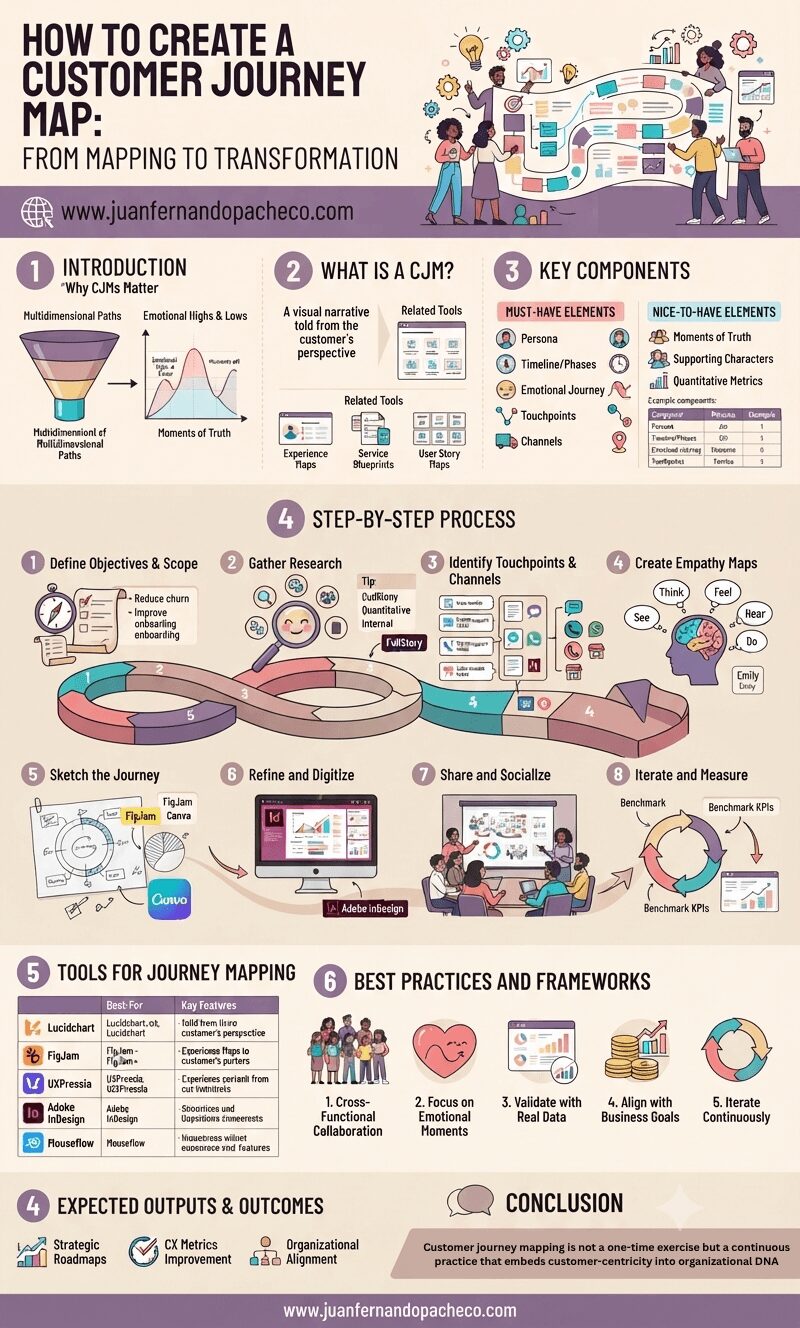 An intricate, vertically-oriented infographic detailing the eight-step process of creating a Customer Journey Map (CJM). The image includes sections on "Why CJMs Matter," "What Is a CJM," "Key Components," "Tools for Journey Mapping," and "Best Practices," using a color palette of lavenders, rose, and beige. It features illustrations of diverse CX teams, charts, a helical journey timeline, and the website www.juanfernandopacheco.com.