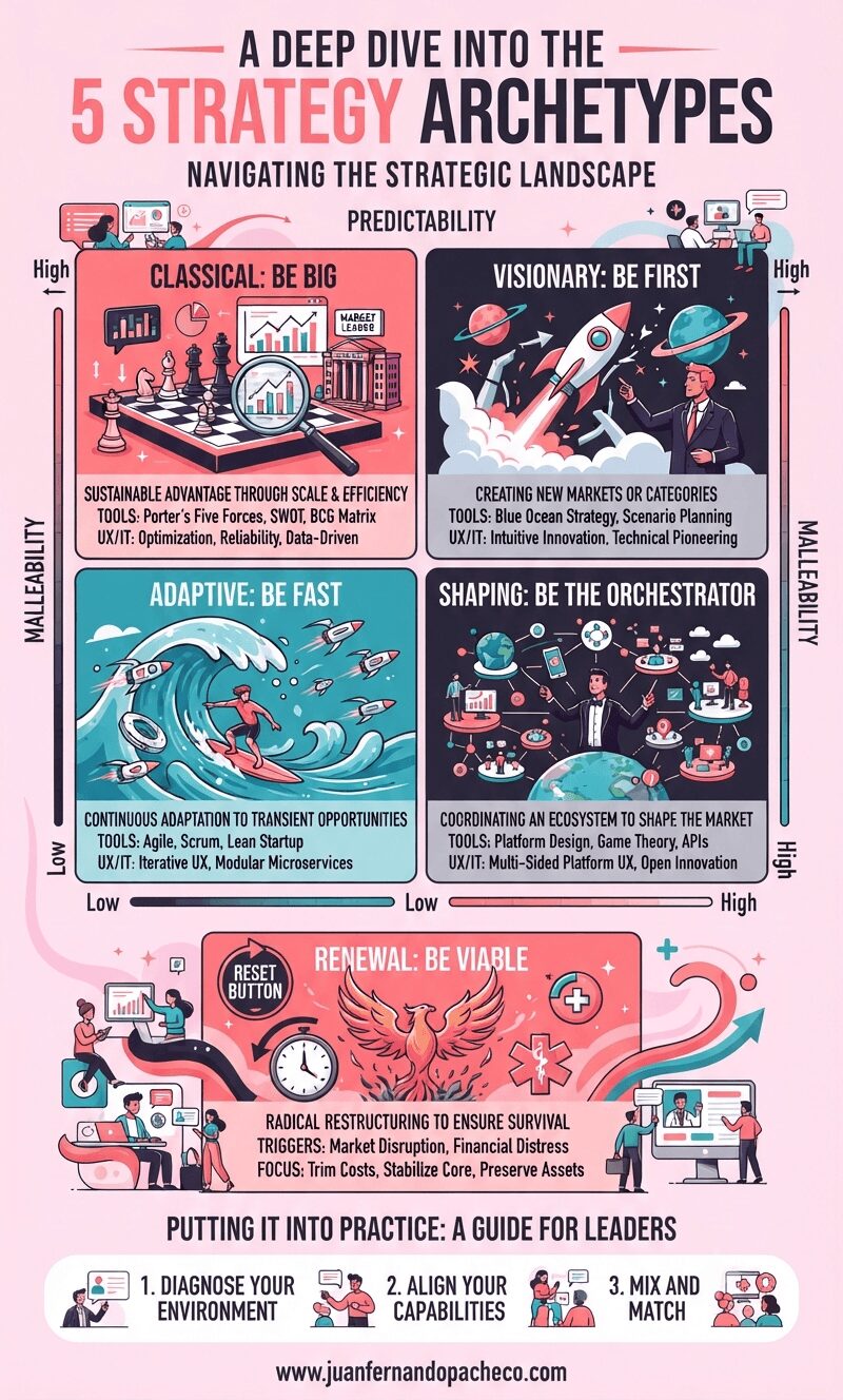 An infographic titled "A Deep Dive into the 5 Strategy Archetypes" visualizing five strategic approaches—Classical, Visionary, Adaptive, Shaping, and Renewal—mapped against the axes of Predictability and Malleability. The graphic uses a pink and blue color scheme with illustrations like a chessboard, a rocket ship, a surfer, a conductor, and a phoenix.