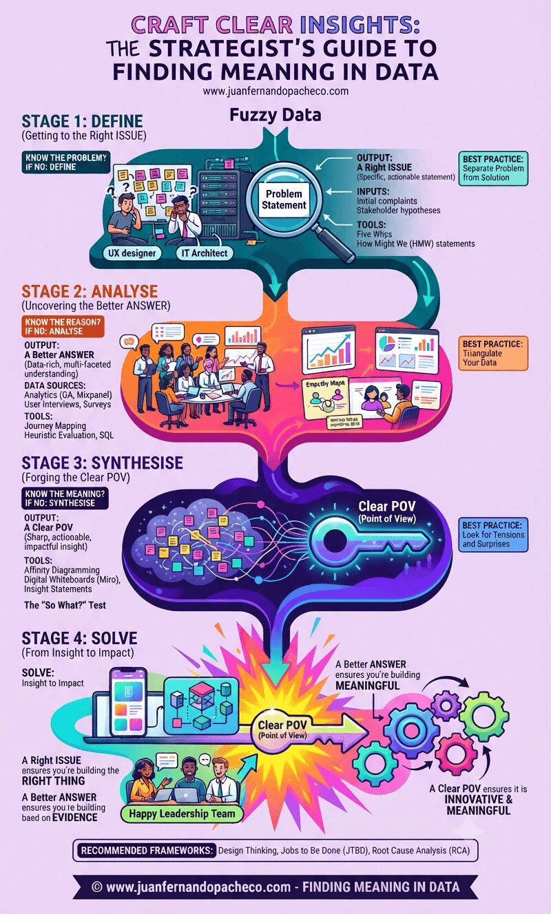 An infographic titled "CRAFT CLEAR INSIGHTS: THE STRATEGIST’S GUIDE TO FINDING MEANING IN DATA" presenting a four-stage framework for problem-solving. The flow moves from "Fuzzy Data" at the top through "Stage 1: Define," "Stage 2: Analyse," and "Stage 3: Synthesise" to "Stage 4: Solve" and "Impact" at the bottom. Visual elements include teams of UX designers and IT architects, data charts, affinity diagrams, a magnifying glass, a glowing key representing "Clear POV," and interlocking gears. The website "www.juanfernandopacheco.com" is featured throughout.