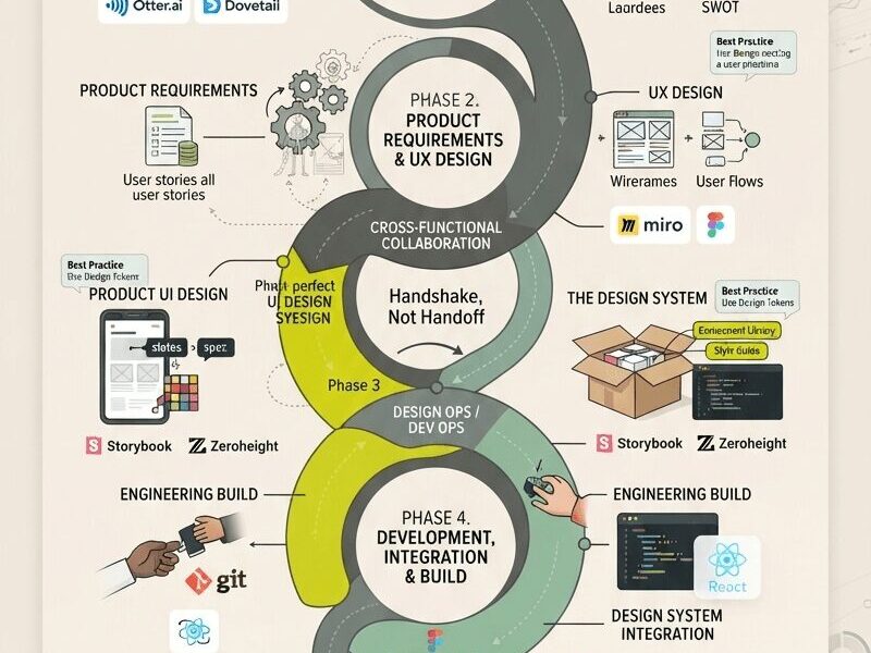 A detailed vertical infographic titled "THE UNIFIED APPROACH TO UX/UI" displaying a five-phase product development lifecycle pipeline. It shows interconnected stages from Research & Definition to Launch & Iteration, highlighting key activities, deliverables, team roles, and tools (such as Figma, React, Otter.ai, and WAVE) against a cream (#f2e9dc) background. A central winding path emphasizes collaboration and the concept of "Handshake, Not Handoff." The footer includes the URL "www.juanfernandopacheco.com".