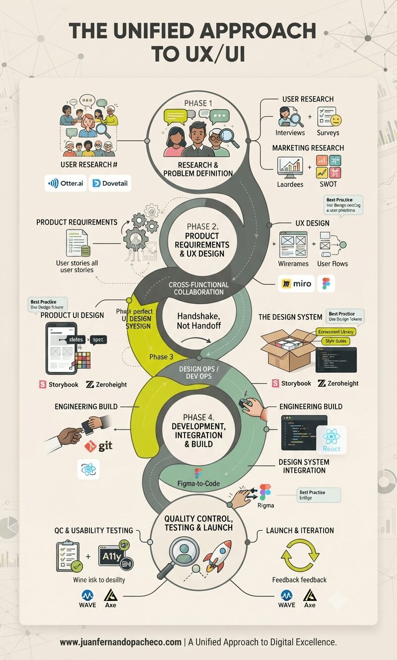 A detailed vertical infographic titled "THE UNIFIED APPROACH TO UX/UI" displaying a five-phase product development lifecycle pipeline. It shows interconnected stages from Research & Definition to Launch & Iteration, highlighting key activities, deliverables, team roles, and tools (such as Figma, React, Otter.ai, and WAVE) against a cream (#f2e9dc) background. A central winding path emphasizes collaboration and the concept of "Handshake, Not Handoff." The footer includes the URL "www.juanfernandopacheco.com".