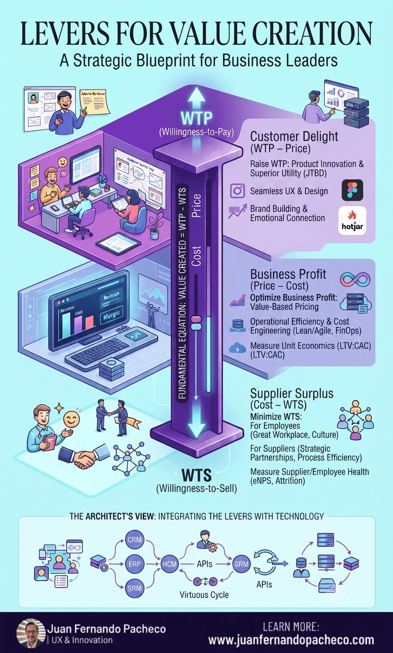 Infographic illustrating the "Levers for Value Creation" framework by Juan Fernando Pacheco, using a central "Value Stick" with WTP and WTS, surrounded by interconnected illustrated sections on Customer Delight, Business Profit, and Supplier Surplus, and an architectural view of technology integration.