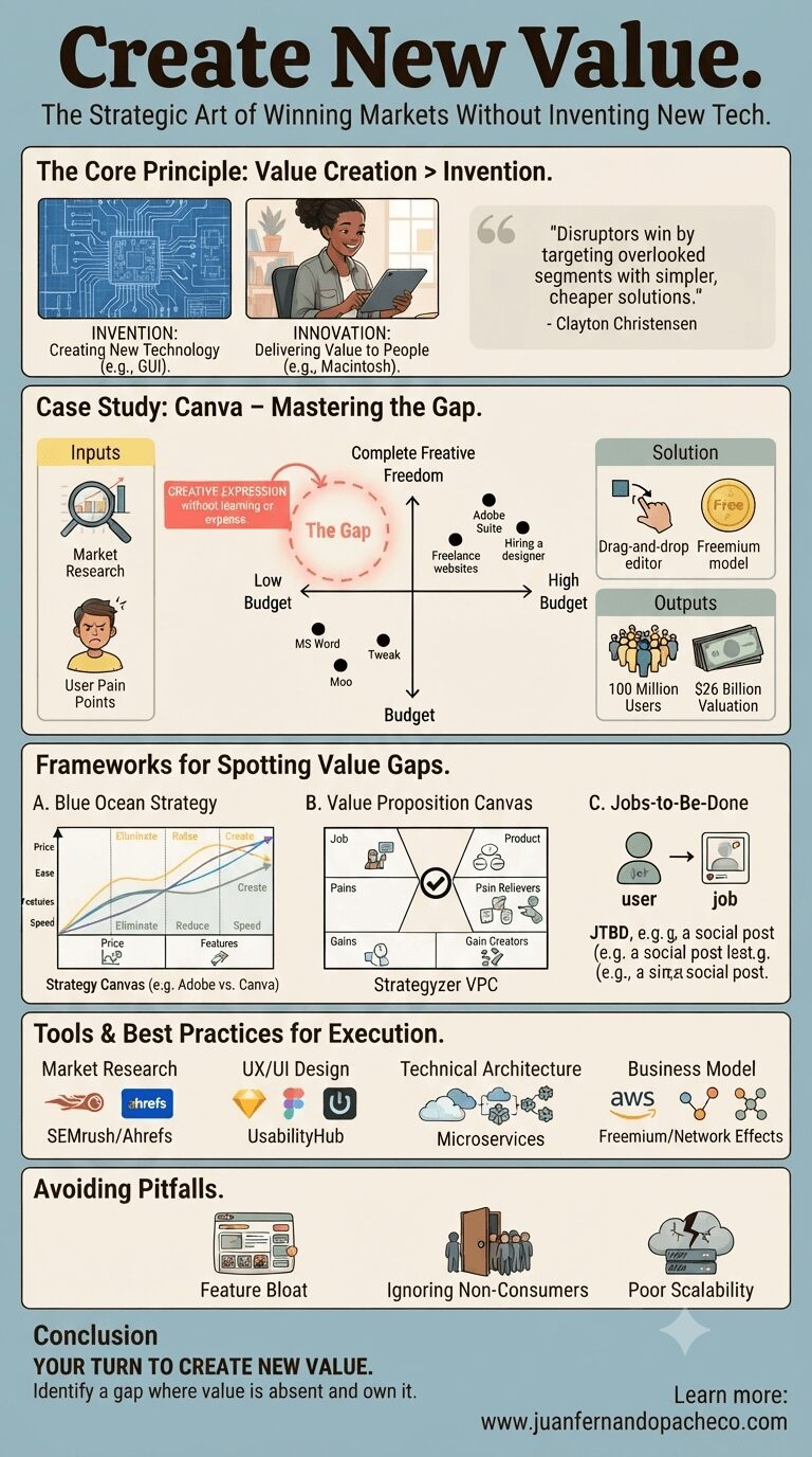 A comprehensive business infographic titled "Create New Value. The Strategic Art of Winning Markets Without Inventing New Tech." The image is divided into stacked sections: "The Core Principle: Value Creation > Invention," a detailed "Case Study: Canva – Mastering the Gap" (including a 2x2 positioning map, inputs, outputs, and UX insights), "Frameworks for Spotting Value Gaps" (Blue Ocean Strategy, Value Proposition Canvas, Jobs-to-Be-Done), "Tools & Best Practices for Execution" (Market Research, UX/UI Design, Technical Architecture, Business Model), and "Avoiding Pitfalls" (Feature Bloat, Ignoring Non-Consumers, Poor Scalability). The infographic uses diagrams, charts, and icons, concluding with a call to action and the URL "www.juanfernandopacheco.com."