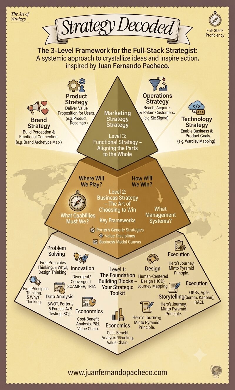 An infographic titled "Strategy Decoded" illustrating a 3-level framework for full-stack strategists, featuring Level 1 (Foundation Building Blocks), Level 2 (Business Strategy), and Level 3 (Functional Strategy) against a cream and warm earth-tone background with the URL www.juanfernandopacheco.com at the bottom.