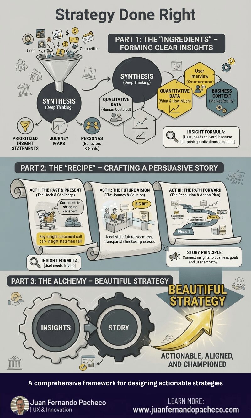 An infographic titled "Strategy Done Right," presented in three main sections on a grey background. Part 1: "The Ingredients" shows a funnel collecting data (user, competitors, analytics) leading to "Synthesis," resulting in insights, journey maps, and personas. Part 2: "The Recipe" displays three scroll icons representing Act I: The Past & Present, Act II: The Future Vision, and Act III: The Path Forward, detailing the narrative flow. Part 3: "The Alchemy" features interlocking gears labeled "Insights" and "Story," with an arrow pointing to "Beautiful Strategy" and the description "Actionable, Aligned, and Championed." The bottom banner reads "Strategy as a Craft" and "www.juanfernandopacheco.com."