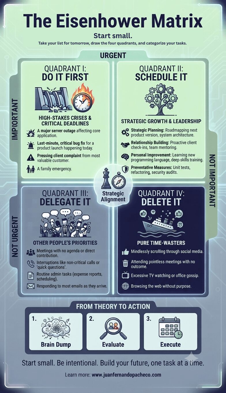 An infographic titled 'The Eisenhower Matrix' deconstructing a productivity framework. A large 2x2 grid is divided by axes labeled 'Urgent', 'Not Urgent', 'Important', and 'Not Important'. Quadrant I (Urgent/Important, top-left) is 'Do It First' with icons of a breaking dam and fire. Quadrant II (Not Urgent/Important, top-right) is 'Schedule It' with a growing tree and gears. Quadrant III (Urgent/Not Important, bottom-left) is 'Delegate It' with a group of people. Quadrant IV (Not Urgent/Not Important, bottom-right) is 'Delete It' with a sinking ship. Below the matrix, a three-step process ('Brain Dump', 'Evaluate', 'Execute') shows how to apply the method. The bottom of the image includes the URL www.juanfernandopacheco.com.