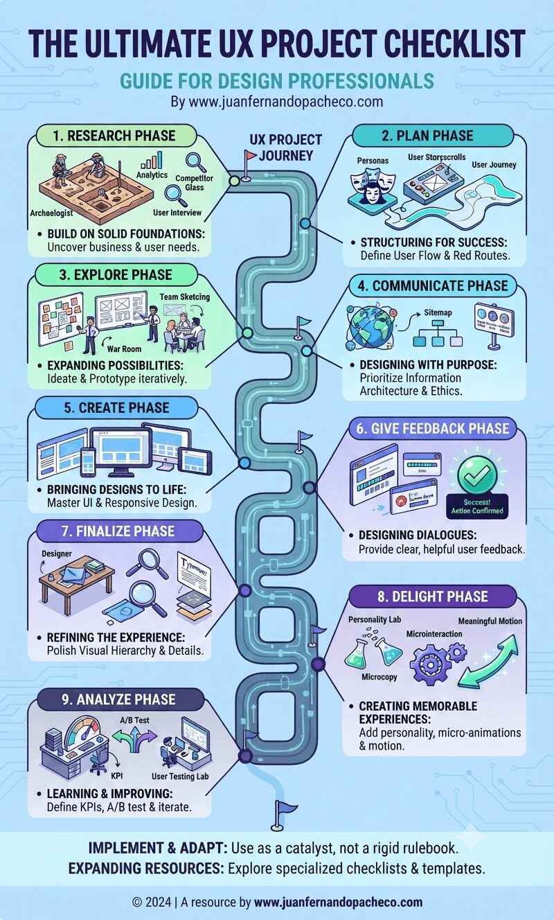 An infographic titled "The Ultimate UX Project Checklist" featuring a winding central milestone path connecting nine distinct UX phases—Research, Plan, Explore, Communicate, Create, Give Feedback, Finalize, Delight, and Analyze—against a light blue background, with brand reference www.juanfernandopacheco.com.