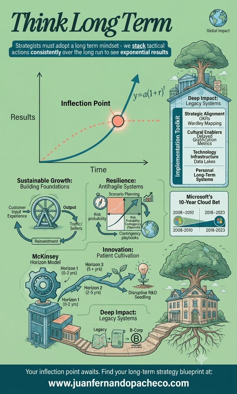 An intricate infographic titled 'Think Long Term,' illustrating a strategic blueprint for exponential growth based on the provided post. The central element is a graph showing an exponential teal curve labeled 'Long Term' overtaking a plateauing coral dotted line ('Short Term') at a glowing 'Inflection Point' (y=a(1+r)t). Below the graph, the strategy is broken into four detailed pillars: Sustainable Growth: Building Foundations, with a flywheel model (Customer Input → Output → Reinvestment). Resilience: Antifragile Systems, featuring a scenario planning matrix and contingency playbooks. Innovation: Patient Cultivation, depicted as a branching path (Horizon Model) leading to a 'Disruptive R&D Seedling.' Deep Impact: Legacy Systems, shown as a pathway from an initial structure to a mature B-Corp house with deep roots. A sidebar lists an 'Implementation Toolkit' (OKRs, Wardley Mapping, Data Lakes). A case study highlights 'Microsoft's 10-Year Cloud Bet.' The infographic ends with the footer text: 'Your inflection point awaits. Find your long-term strategy blueprint at: www.juanfernandopacheco.com.' The overall color scheme is a blend of soft green (#9ece9a), teal, and warm coral.