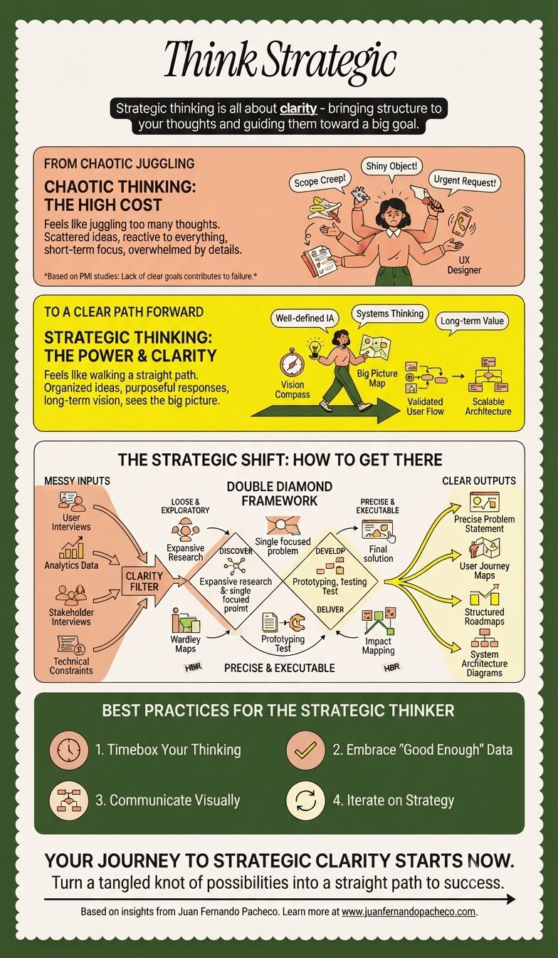 An infographic titled "Think Strategic" featuring an olive green background, illustrating the transition from messy, reactive thinking to structured strategic clarity using the Double Diamond framework and best practices for global digital products.