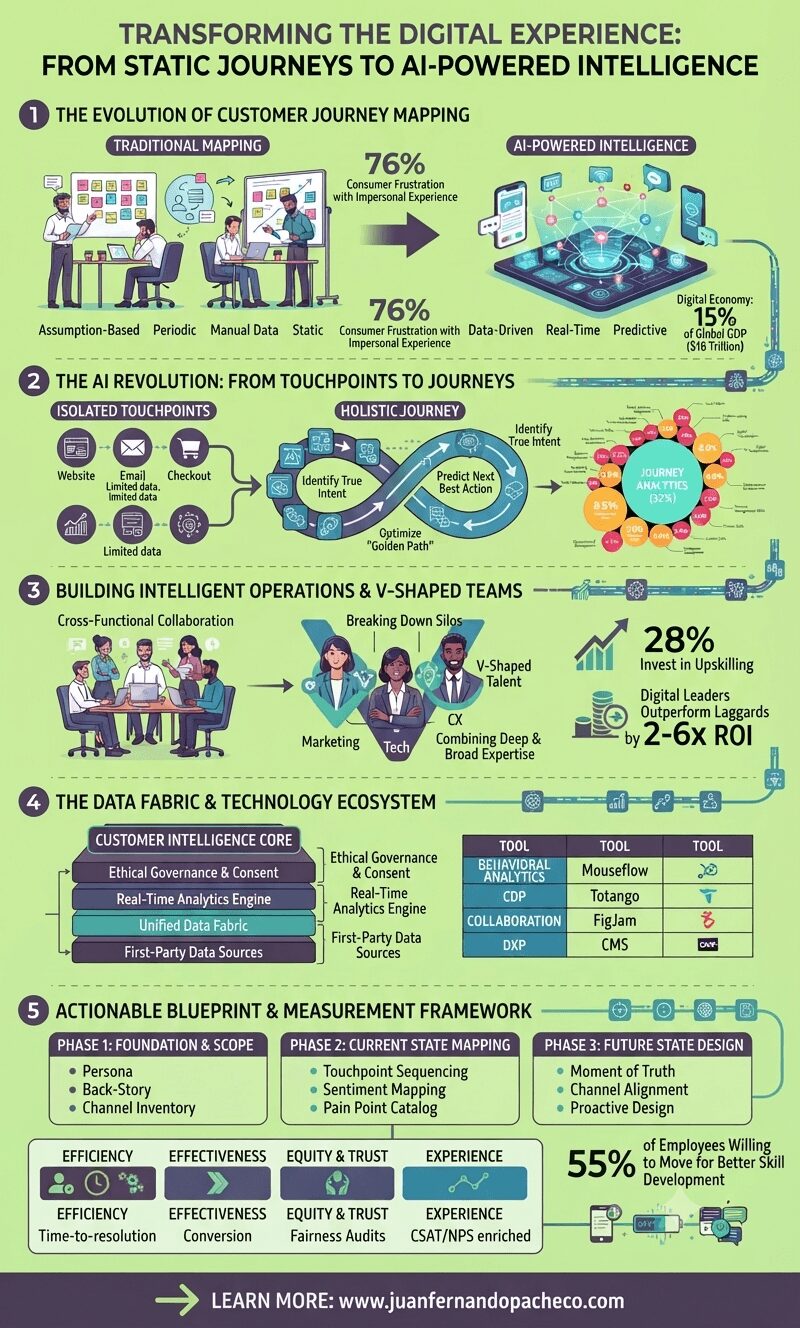 A vertical infographic featuring a light green background, styled with dark purple and teal accents, illustrating the evolution of customer journey mapping from traditional sticky notes to AI-driven predictive intelligence. It highlights V-shaped cross-functional teams, a data fabric architecture, and an actionable three-phase implementation blueprint, complete with a reference to www.juanfernandopacheco.com.