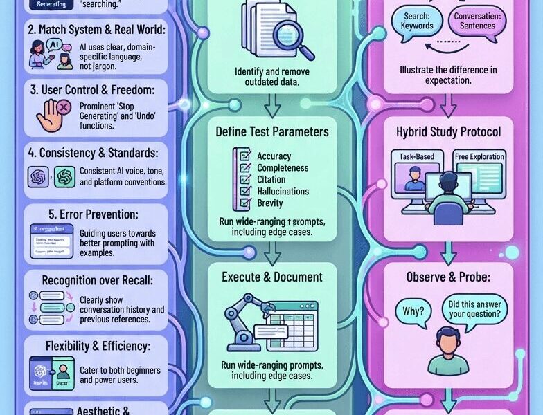 A vertical infographic titled "UX Research Methods for Testing Generative AI," adapted for the unpredictable AI paradigm from Jakob's Ten Usability Heuristics. The image is a multi-column layout with a vibrant color palette (blues, purples, teals, cyans) and connecting digital pathways. It is organized into three main methods: Method 1: Heuristic Evaluation for AI Usability: Lists 10 AI-adapted heuristics, each with an icon and description (e.g., "Visibility of System Status: clearly indicate 'thinking' or 'searching'"). Method 2: Systematic Accuracy and Output Testing: Outlines a four-step process: Audit Knowledge Base, Define Test Parameters (Accuracy, Completeness, Citation, Hallucinations, Brevity), Execute & Document, and Outputs (Prioritized findings report). Method 3: Usability Studies – Mental Models & Expectations: Compares the "Mental Model Clash" of search vs. conversation, describes a "Hybrid Study Protocol" (task-based and free exploration), and details "Observe & Probe" techniques and "Key Insights" (categorizing users). The footer includes the text: "GUIDED BY THE PRINCIPLES OF GOOD UX, ADAPTED FOR THE AI FRONTIER. LEARN MORE AT WWW.JUANFERNANDOPACHECO.COM" with a small website logo.
