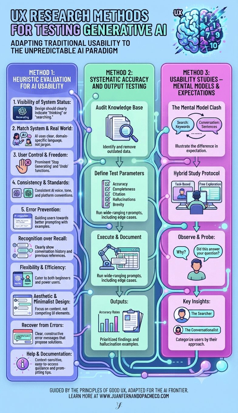 A vertical infographic titled "UX Research Methods for Testing Generative AI," adapted for the unpredictable AI paradigm from Jakob's Ten Usability Heuristics. The image is a multi-column layout with a vibrant color palette (blues, purples, teals, cyans) and connecting digital pathways. It is organized into three main methods: Method 1: Heuristic Evaluation for AI Usability: Lists 10 AI-adapted heuristics, each with an icon and description (e.g., "Visibility of System Status: clearly indicate 'thinking' or 'searching'"). Method 2: Systematic Accuracy and Output Testing: Outlines a four-step process: Audit Knowledge Base, Define Test Parameters (Accuracy, Completeness, Citation, Hallucinations, Brevity), Execute & Document, and Outputs (Prioritized findings report). Method 3: Usability Studies – Mental Models & Expectations: Compares the "Mental Model Clash" of search vs. conversation, describes a "Hybrid Study Protocol" (task-based and free exploration), and details "Observe & Probe" techniques and "Key Insights" (categorizing users). The footer includes the text: "GUIDED BY THE PRINCIPLES OF GOOD UX, ADAPTED FOR THE AI FRONTIER. LEARN MORE AT WWW.JUANFERNANDOPACHECO.COM" with a small website logo.