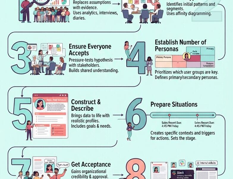 An infographic titled "10 Steps to Create Actionable Personas," laid out in a winding, numbered path from 1 to 10 against a light teal background. It illustrates the four pillars of the persona lifecycle: Data Collection & Hypothesis (1-2), Persona Description & Scoping (4-5), Scenario Creation for Development (6 & 9), and Organizational Buy-in & Evolution (3, 7, 8 & 10). Each step features icons, brief descriptions of goals and methods, and illustrations of diverse teams collaborating on research, workshops, and digital tools.