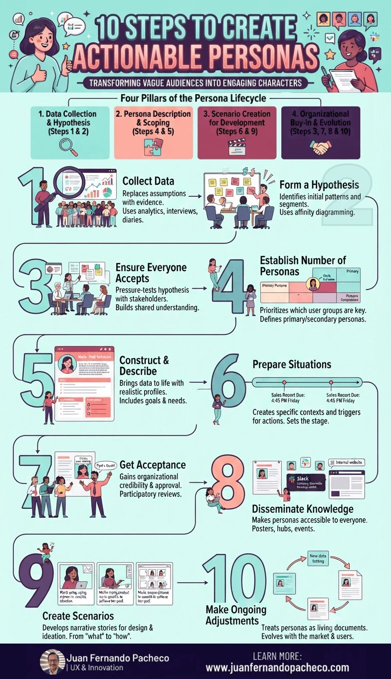 An infographic titled "10 Steps to Create Actionable Personas," laid out in a winding, numbered path from 1 to 10 against a light teal background. It illustrates the four pillars of the persona lifecycle: Data Collection & Hypothesis (1-2), Persona Description & Scoping (4-5), Scenario Creation for Development (6 & 9), and Organizational Buy-in & Evolution (3, 7, 8 & 10). Each step features icons, brief descriptions of goals and methods, and illustrations of diverse teams collaborating on research, workshops, and digital tools.