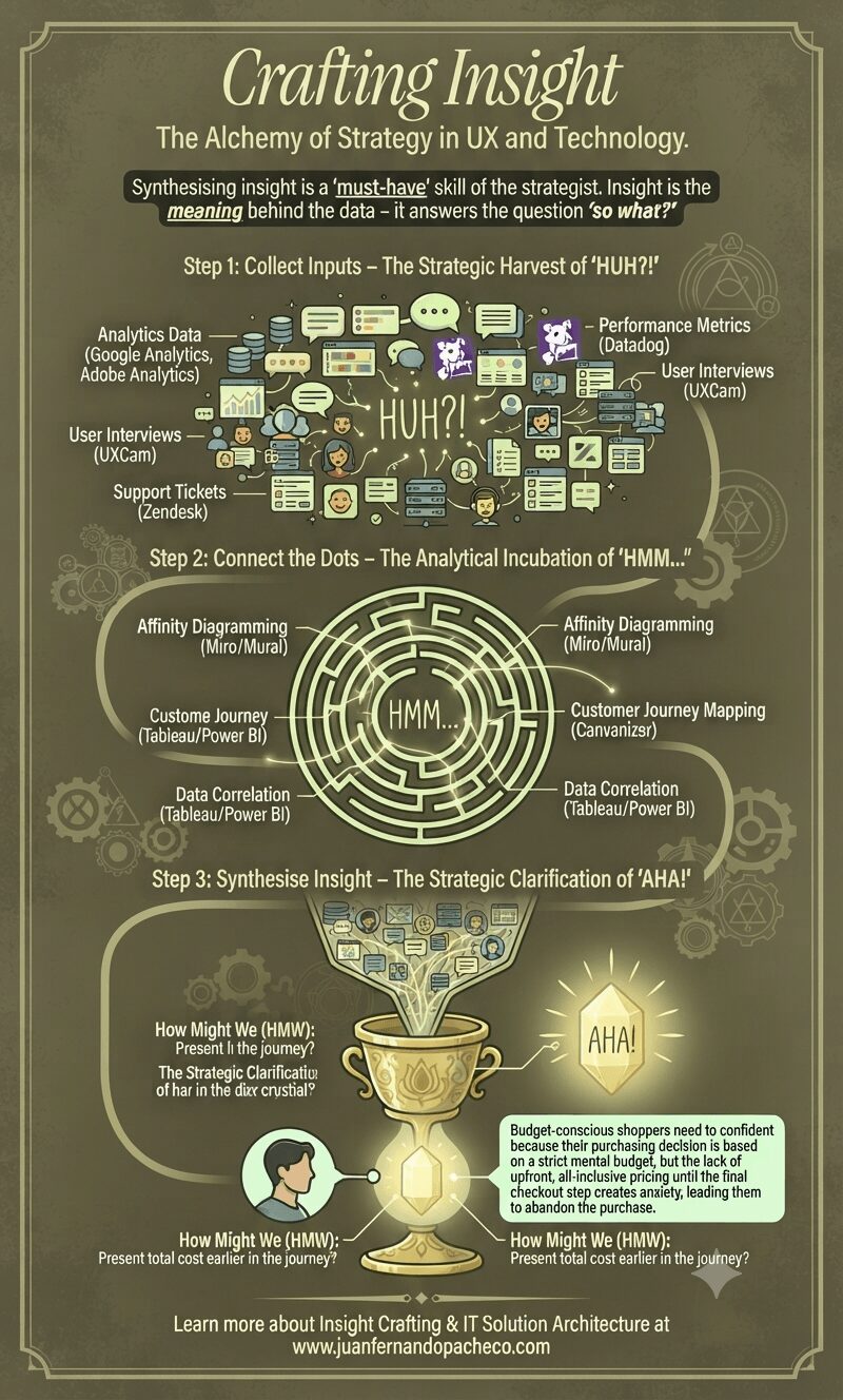 An infographic illustrating the three-step framework of crafting insight—Collect Inputs (HUH?!), Connect Dots (HMM...), and Synthesise Insight (AHA!)—featuring a glowing crystal alchemy design against a muted olive-tan background with references to www.juanfernandopacheco.com.