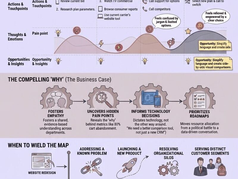 A comprehensive vertical infographic titled 'CUSTOMER JOURNEY MAPS: The what, why, when and how' on a lavender background. It is divided into four main sections: a detailed visualization of a 'Jamie' mobile plan switch journey with emotional curves; a business case section on 'The Compelling Why'; a timeline for 'When to Wield the Map'; and a detailed 'How to Build the Map' workshop framework. The graphic concludes with a footer referencing www.juanfernandopacheco.com.