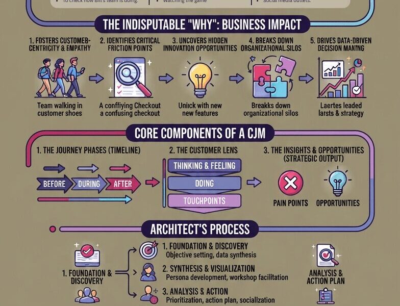 An infographic titled "Decoding the Customer Journey" that serves as a strategic blueprint for business success. The vertical graphic, set against a muted olive background, uses a color palette of pink, purple, and blue. It outlines the definition of a Customer Journey Map (CJM), its business impact, core components (phases, lens, insights), the architectural process (foundation, synthesis, action), advanced frameworks (blueprinting, emotional mapping, JTBD), and the iterative cycle of review. The URL www.juanfernandopacheco.com is included at the top and bottom.