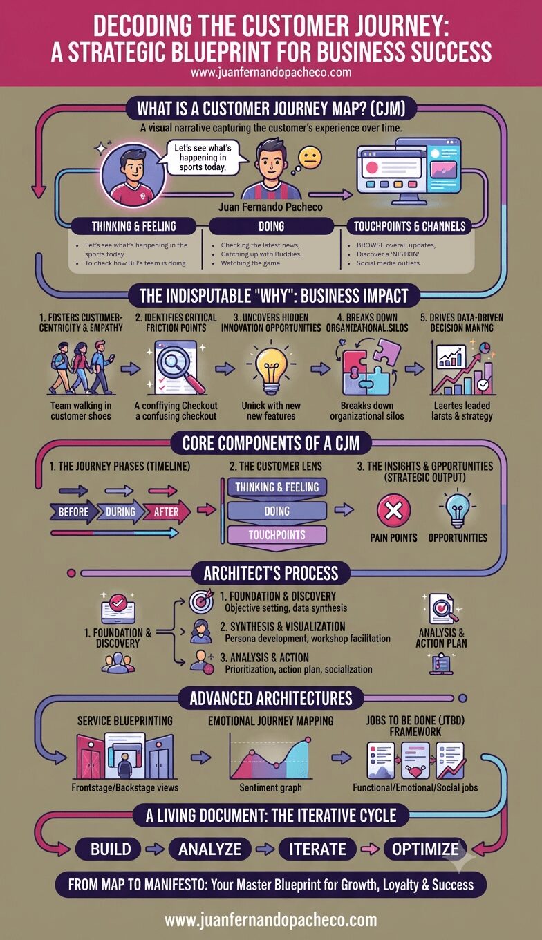An infographic titled "Decoding the Customer Journey" that serves as a strategic blueprint for business success. The vertical graphic, set against a muted olive background, uses a color palette of pink, purple, and blue. It outlines the definition of a Customer Journey Map (CJM), its business impact, core components (phases, lens, insights), the architectural process (foundation, synthesis, action), advanced frameworks (blueprinting, emotional mapping, JTBD), and the iterative cycle of review. The URL www.juanfernandopacheco.com is included at the top and bottom.