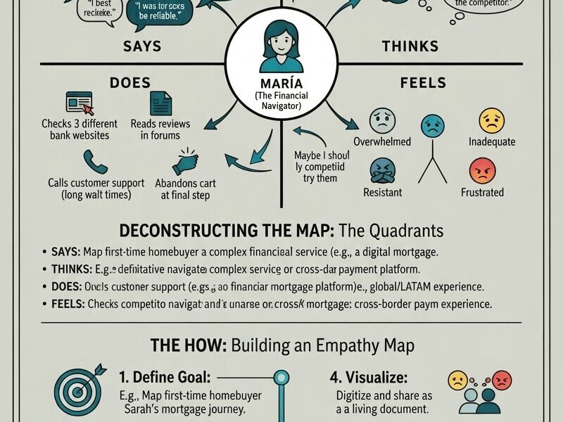 A vertically-oriented infographic titled "EMPATHY MAPPING: The First Step Toward Human-Centered Design," set against a light sage-green background with a decorative border. The center features a complete empathy map for a persona named "MARÍA (The Financial Navigator)," with radiating arrows connecting her icon to four detailed quadrants: "SAYS" (with quotes like "I need this to be reliable," "What is the commission?"), "THINKS" (internal thoughts like "Do they think I'm financially illiterate?"), "DOES" (actions like "Checks 3 different bank websites"), and "FEELS" (emotions with emojis like "Overwhelmed," "Inadequate"). Below the map, sections deconstruct the quadrants and outline "THE HOW: Building an Empathy Map" (Define, Gather, Synthesize, Visualize steps) and "THE WHY: Immense Value" (a checklist of benefits). The bottom includes the attribution: "Created by www.juanfernandopacheco.com."
