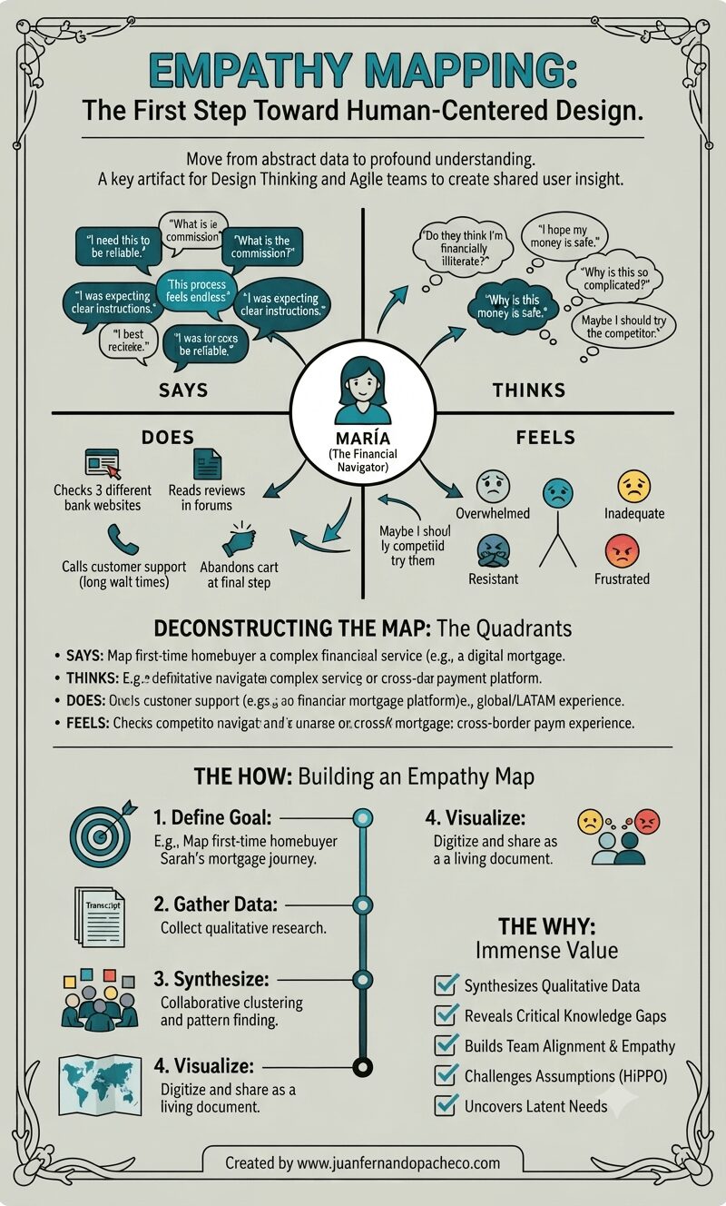 A vertically-oriented infographic titled "EMPATHY MAPPING: The First Step Toward Human-Centered Design," set against a light sage-green background with a decorative border. The center features a complete empathy map for a persona named "MARÍA (The Financial Navigator)," with radiating arrows connecting her icon to four detailed quadrants: "SAYS" (with quotes like "I need this to be reliable," "What is the commission?"), "THINKS" (internal thoughts like "Do they think I'm financially illiterate?"), "DOES" (actions like "Checks 3 different bank websites"), and "FEELS" (emotions with emojis like "Overwhelmed," "Inadequate"). Below the map, sections deconstruct the quadrants and outline "THE HOW: Building an Empathy Map" (Define, Gather, Synthesize, Visualize steps) and "THE WHY: Immense Value" (a checklist of benefits). The bottom includes the attribution: "Created by www.juanfernandopacheco.com."