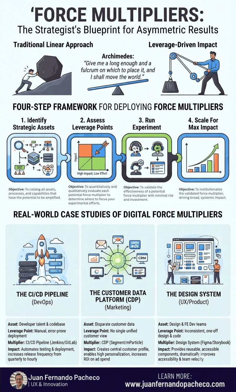 A vertical infographic titled "FORCE MULTIPLIERS: The Strategist's Blueprint for Asymmetric Results." It contrasts traditional effort with leverage-driven impact, outlines a four-step framework, and presents three real-world case studies with brand new illustrative icons.